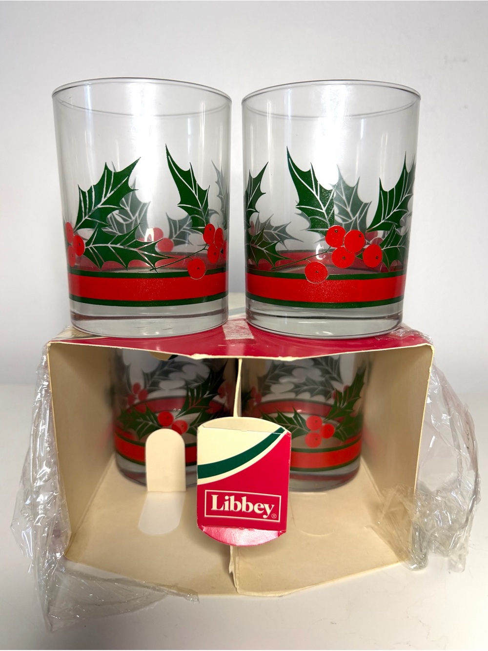 Vintage Libbey “Holly & Berries” double old fashioned glasses.